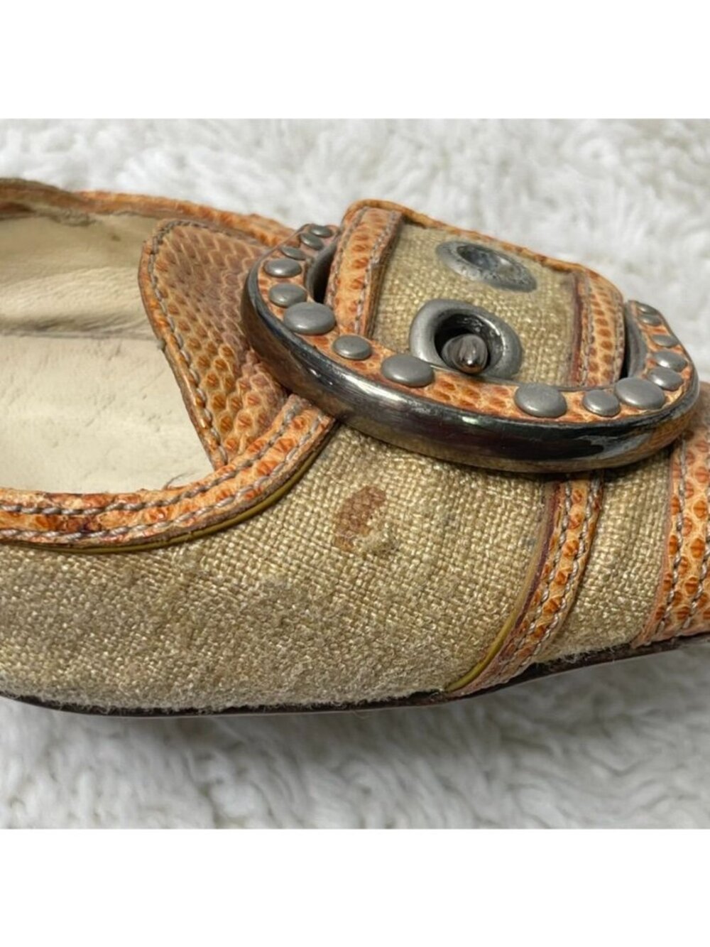 Vintage Prada Slingback Mules Size 36 Orange Snakeskin Leather Buckle Kitten Hee - Picture 10 of 15